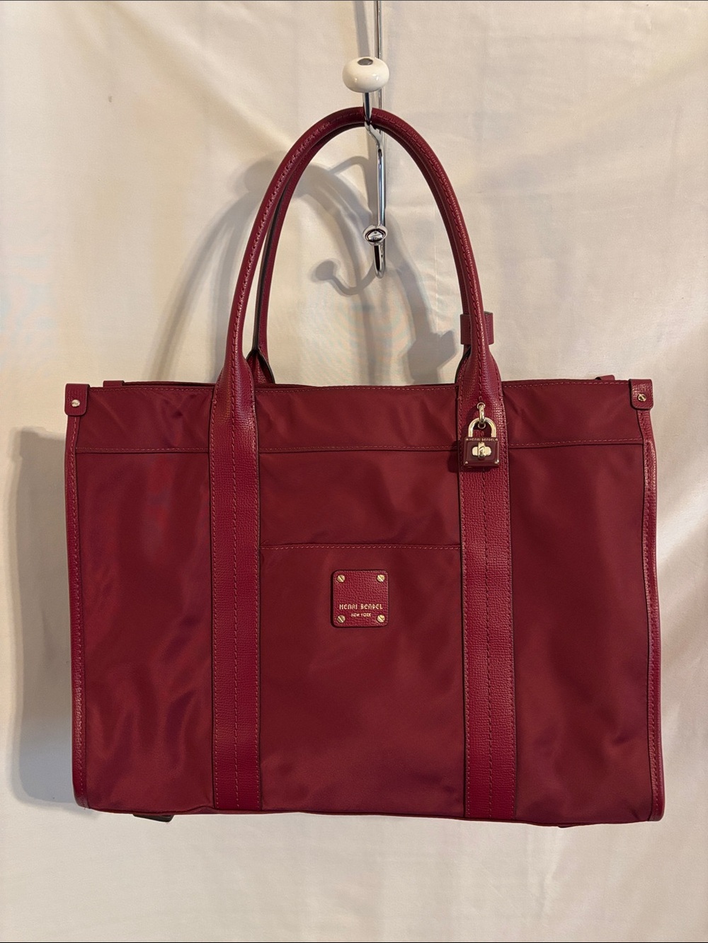 Henri Bendel Womens Tote Bag Purse Maroon Red Nylon - Picture 1 of 11